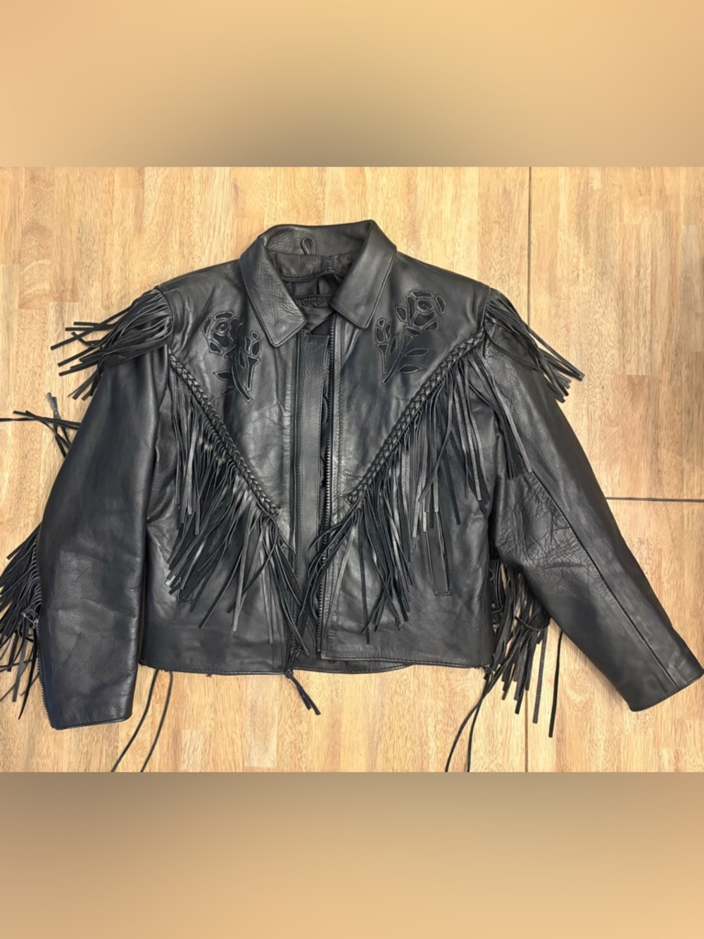 Fringed Black Leather Jacket with Rose Appliqué